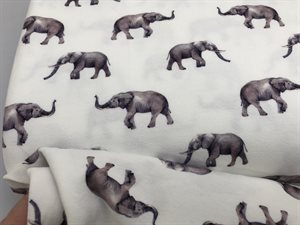 Bomuldsjersey - offwhite bund med fine elefanter, rest på 110 cm